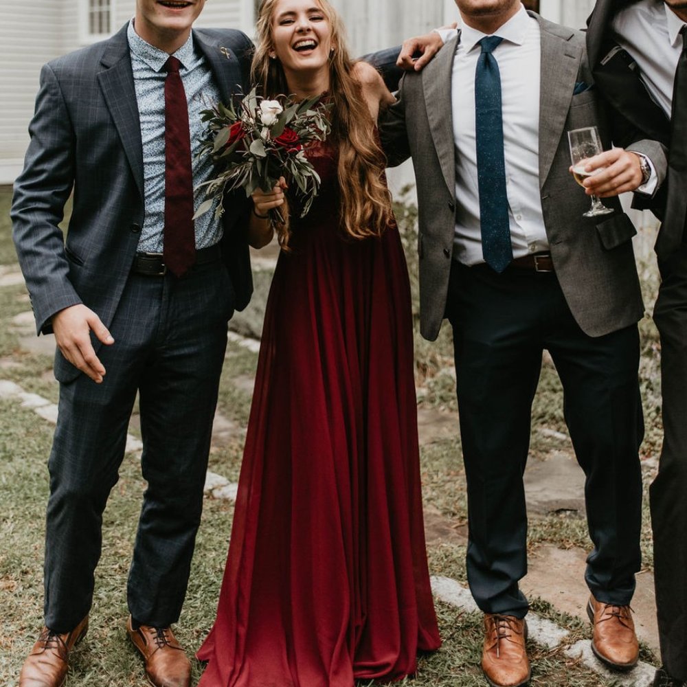 Lulus Evening Burgundy Lace Chiffon Maxi Dress